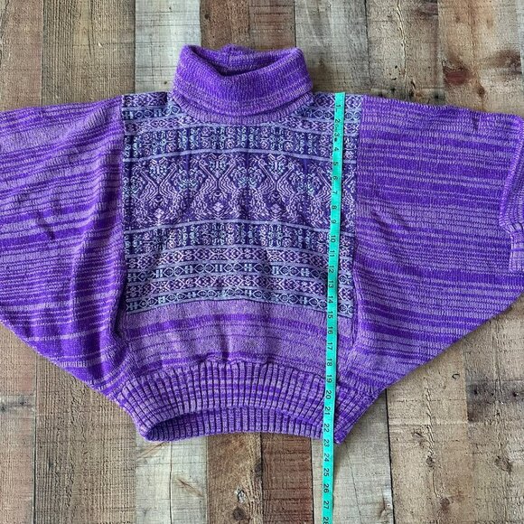 Vintage Handmade Purple Knit Poncho Sweater With Turtleneck & Batwing Sleeves - Picture 9 of 12
